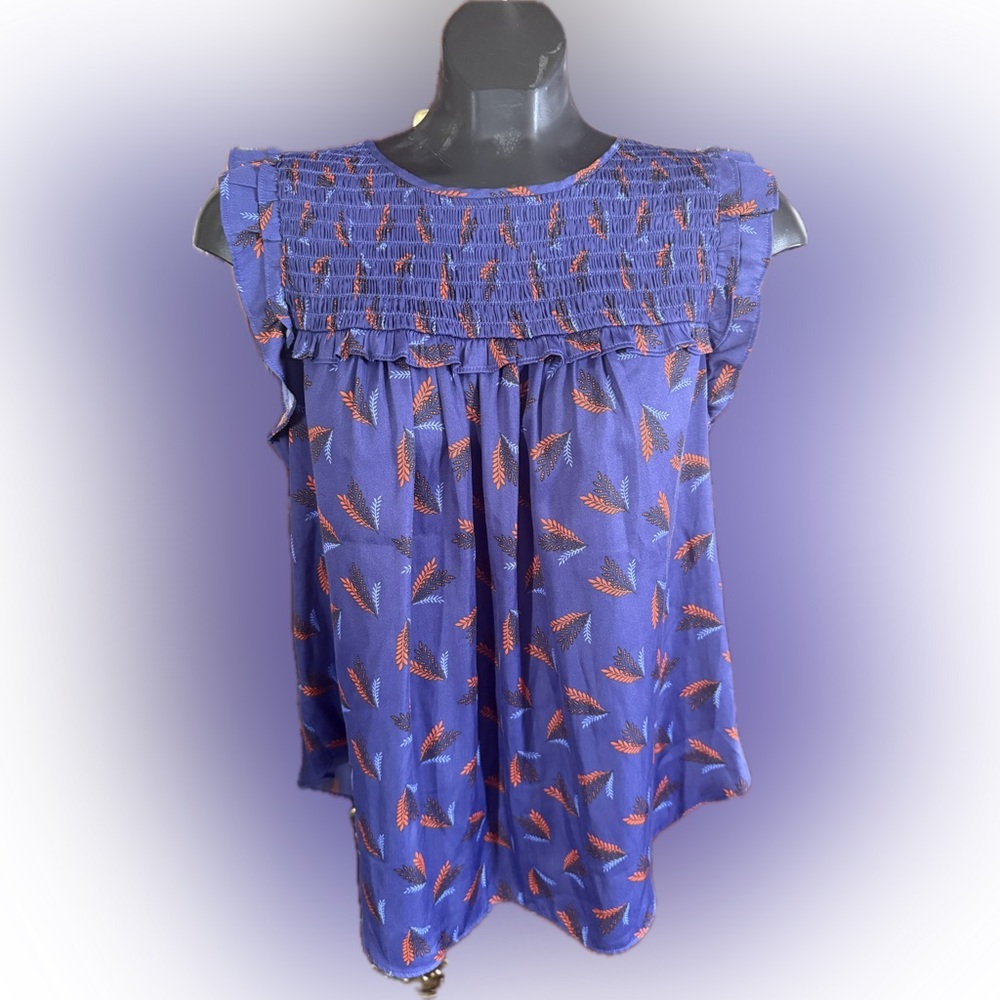 LOFT Blue and Red Leaf Pattern Blouse